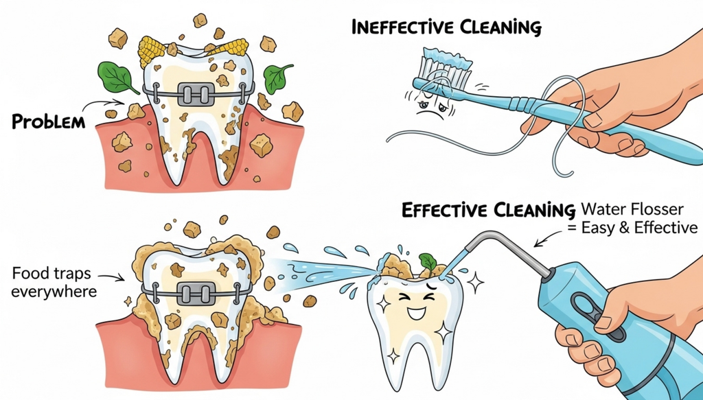 Illustration comparing ineffective toothbrush cleaning with braces versus effective water flosser cleaning, showing food trapped around brackets and plaque removal for healthier teeth