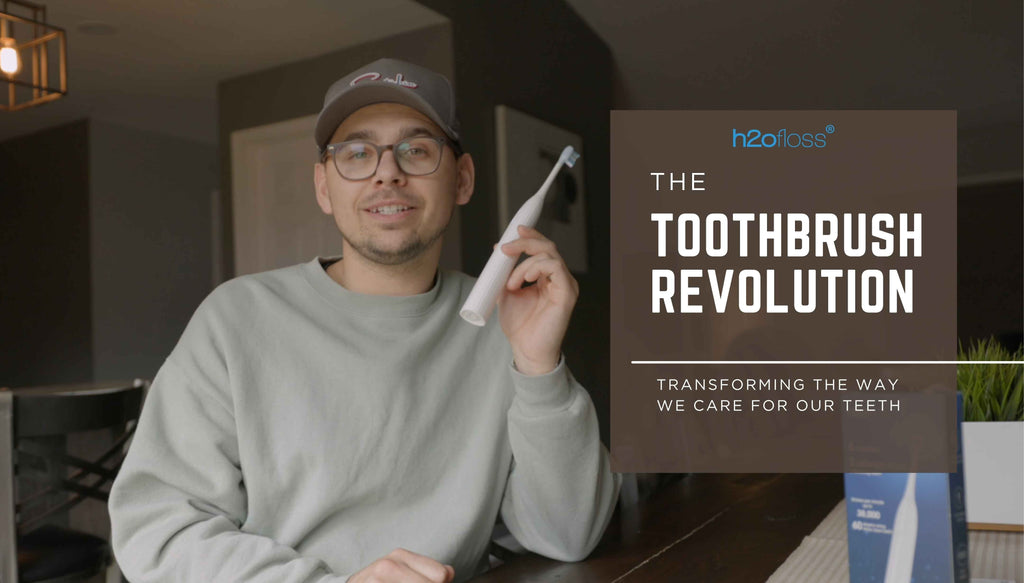 User presenting a modern rechargeable sonic toothbrush from h2ofloss, highlighting innovation in daily oral hygiene technology.